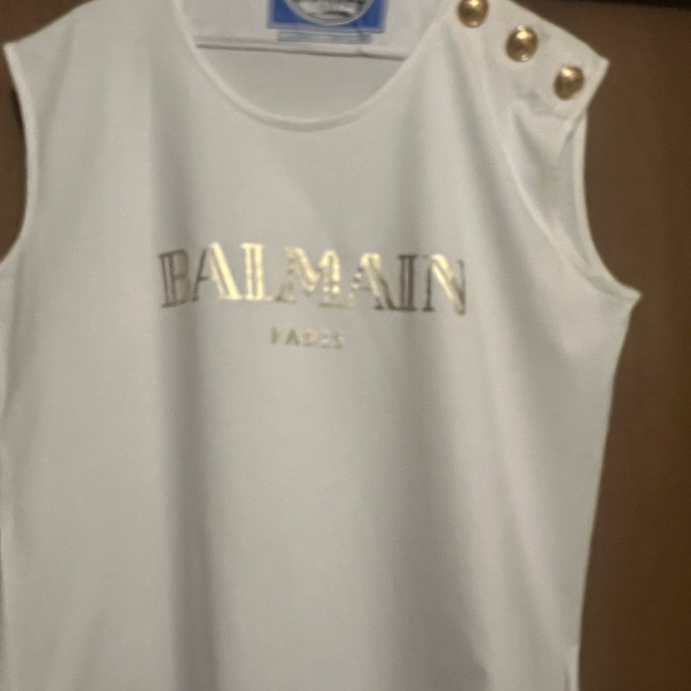 Balmain White Sleeveless Top with Gold Accents